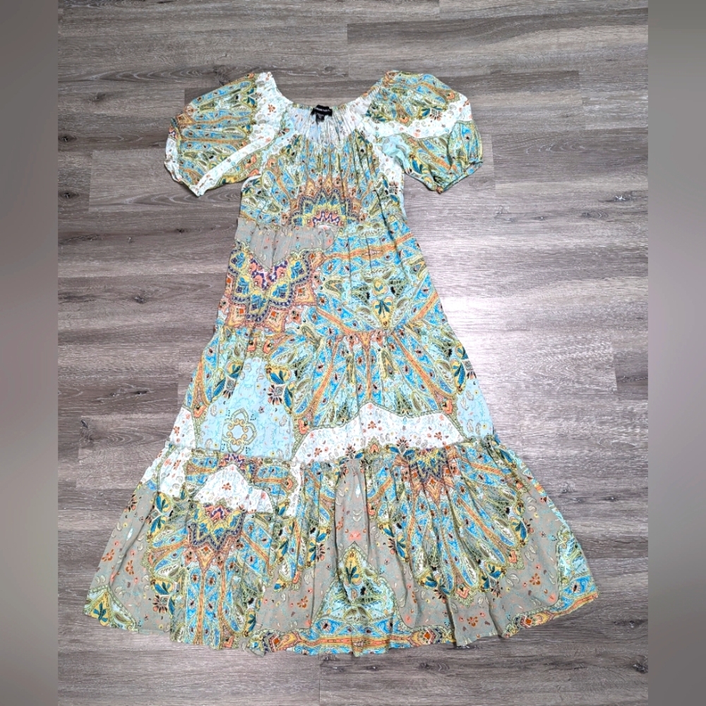 Fifteen Twenty Boho Maxi Dress Size XS Mixed Print Puff Sleeve Full Tiered USA